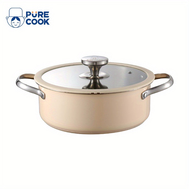 Cooking Pots Set with Glass Lids Stainless Steel Beige and White Compatible with Gas Stove