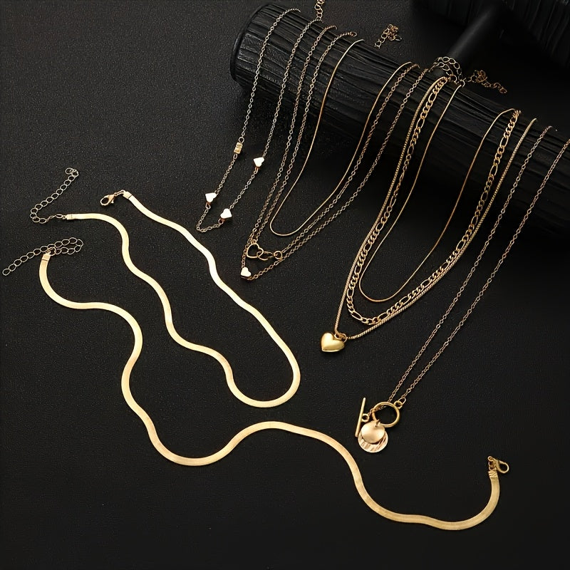 Women's Punk-Inspired Multi-Layer Snake Chain Necklaces with Heart Pendants Set