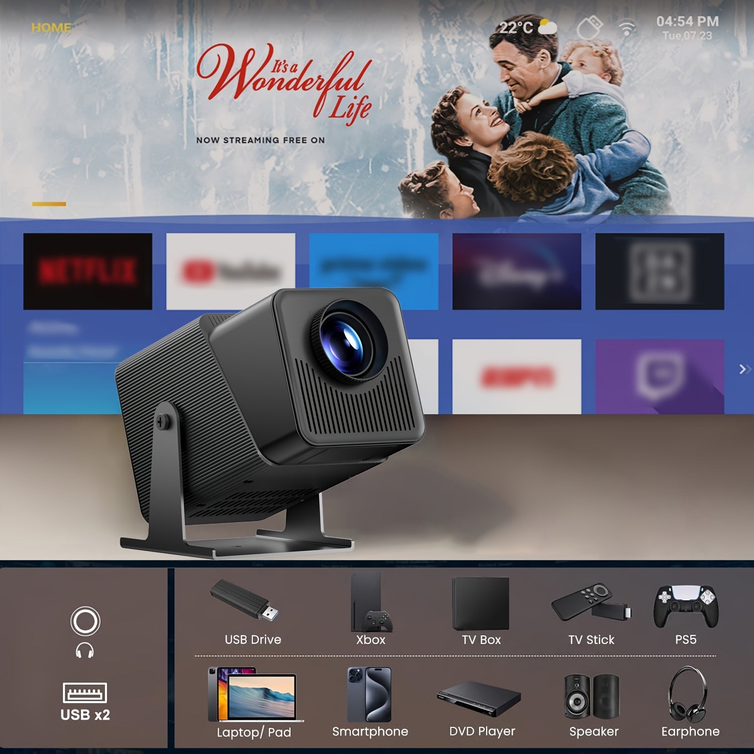 Mini Portable 1080P 4K Support Home Projector with WiFi Bluetooth