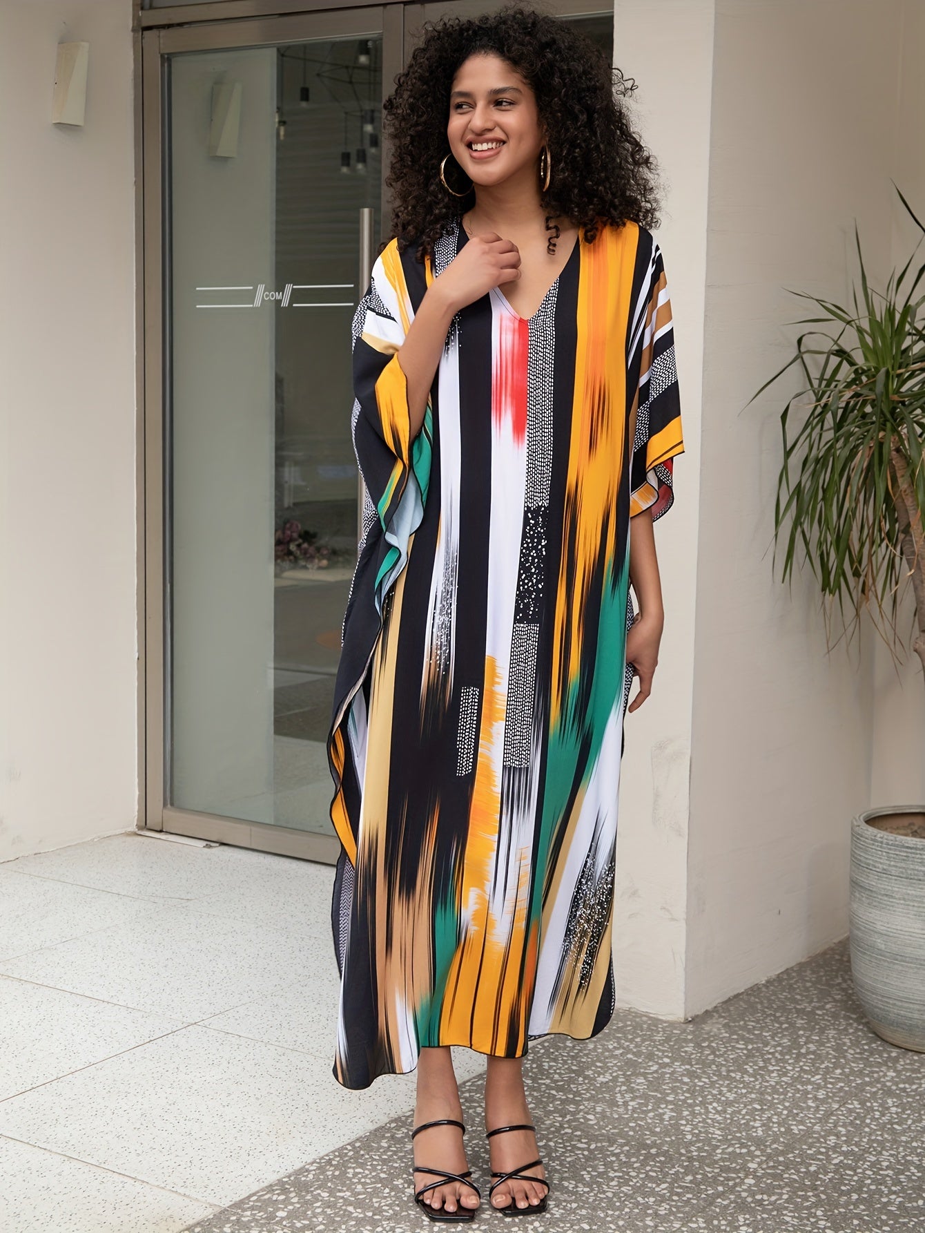 Plus Size Colorful Striped Boho Cover Up Dress V-Neck Woven Viscose