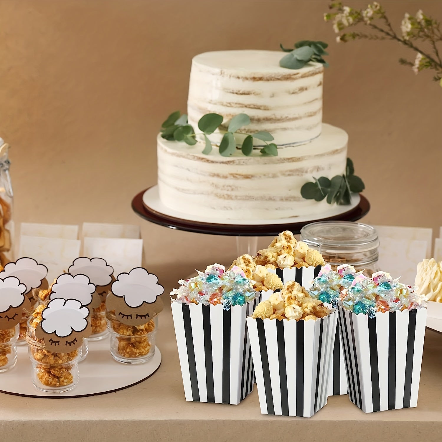 100 Mini Popkorn qutilari 2.27oz Qora Oq chiziqlar Oziq-ovqat sinfi yopilgan bayram Karnaval