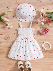 Girls 0-3 Years Summer Heart Print Dress Set with Halter Neck and Matching Hat in Two Colors