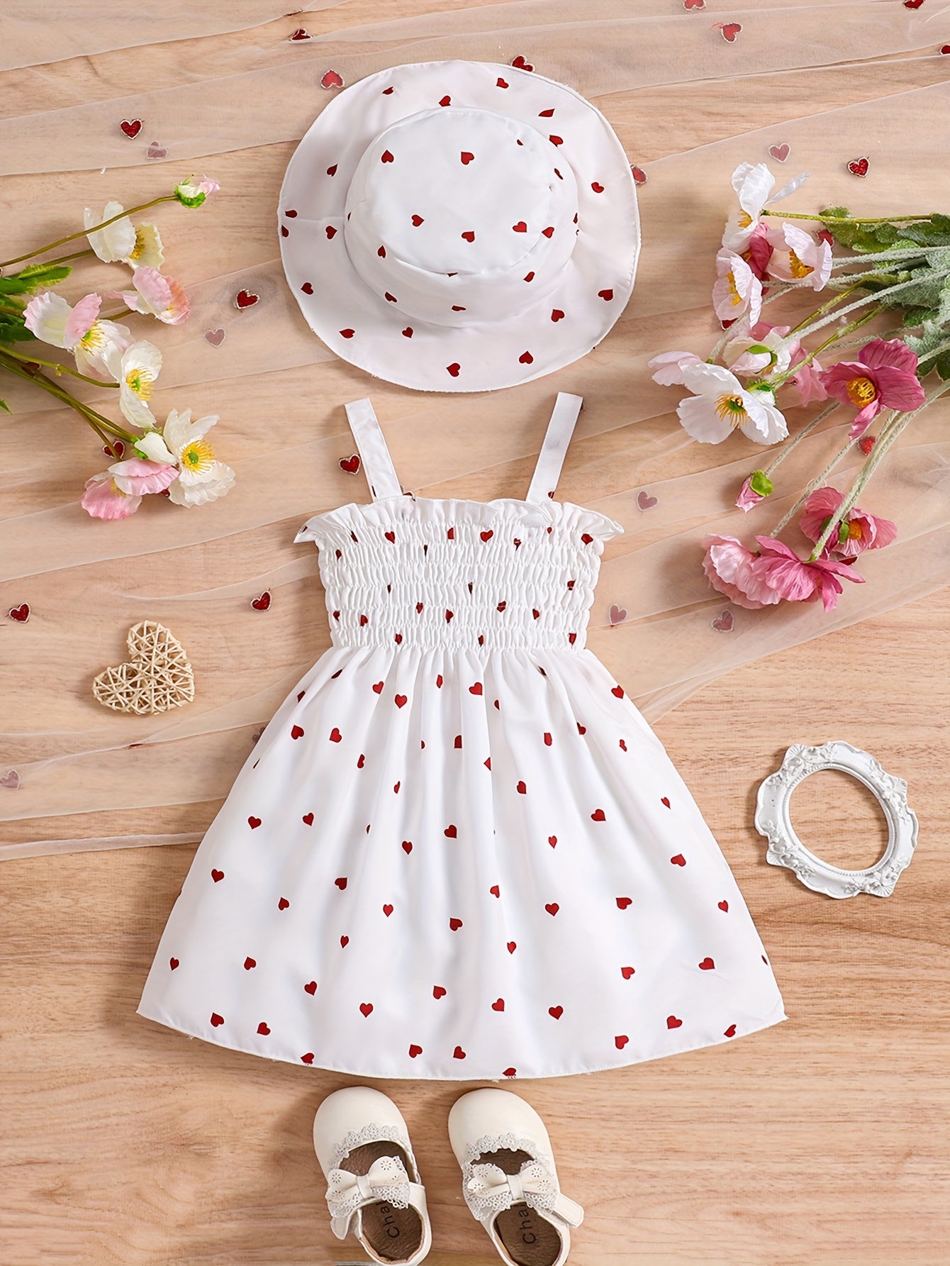 Girls 0-3 Years Summer Heart Print Dress Set with Halter Neck and Matching Hat in Two Colors