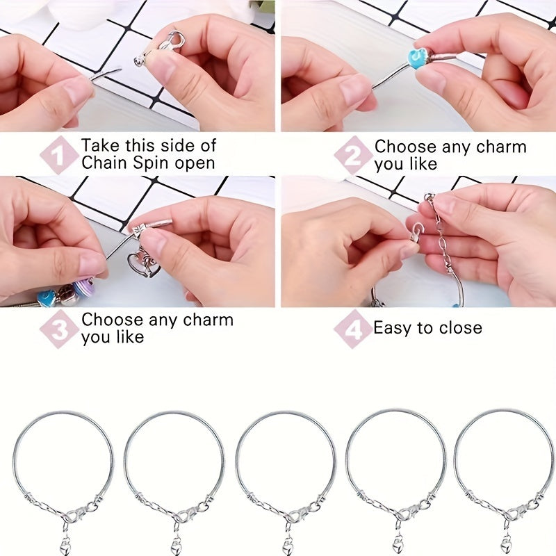 Set of 5 Snake Chain Bracelets with Adjustable Charms and Heart Extenders for DIY Jewelry Making
