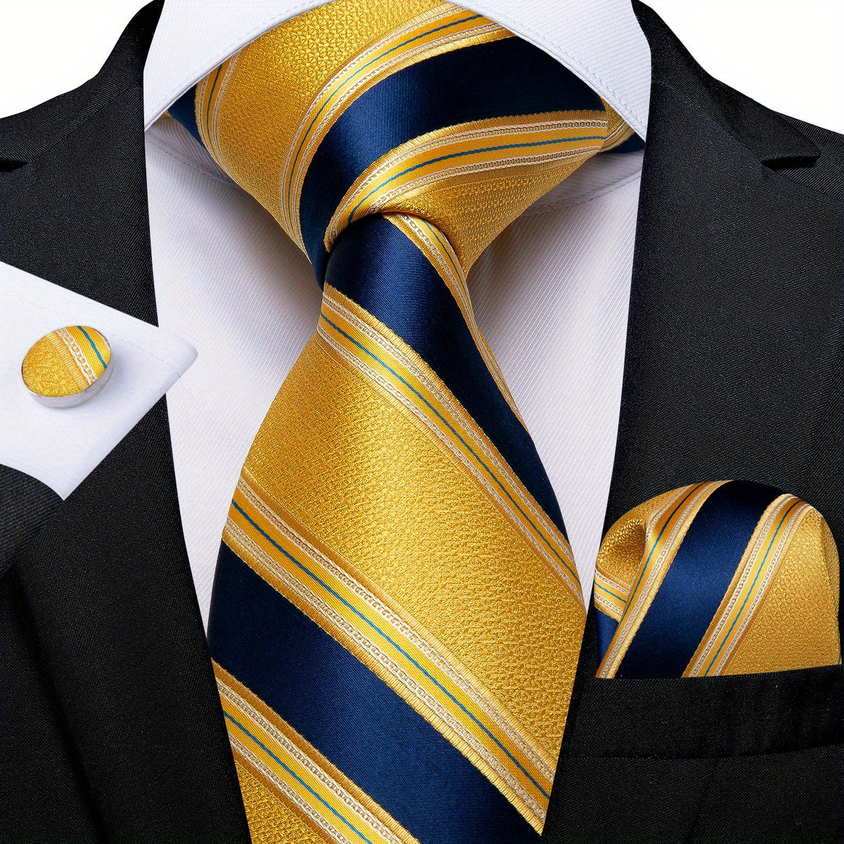 Men's Striped Necktie Set with Handkerchief and Cufflinks for Weddings and Business