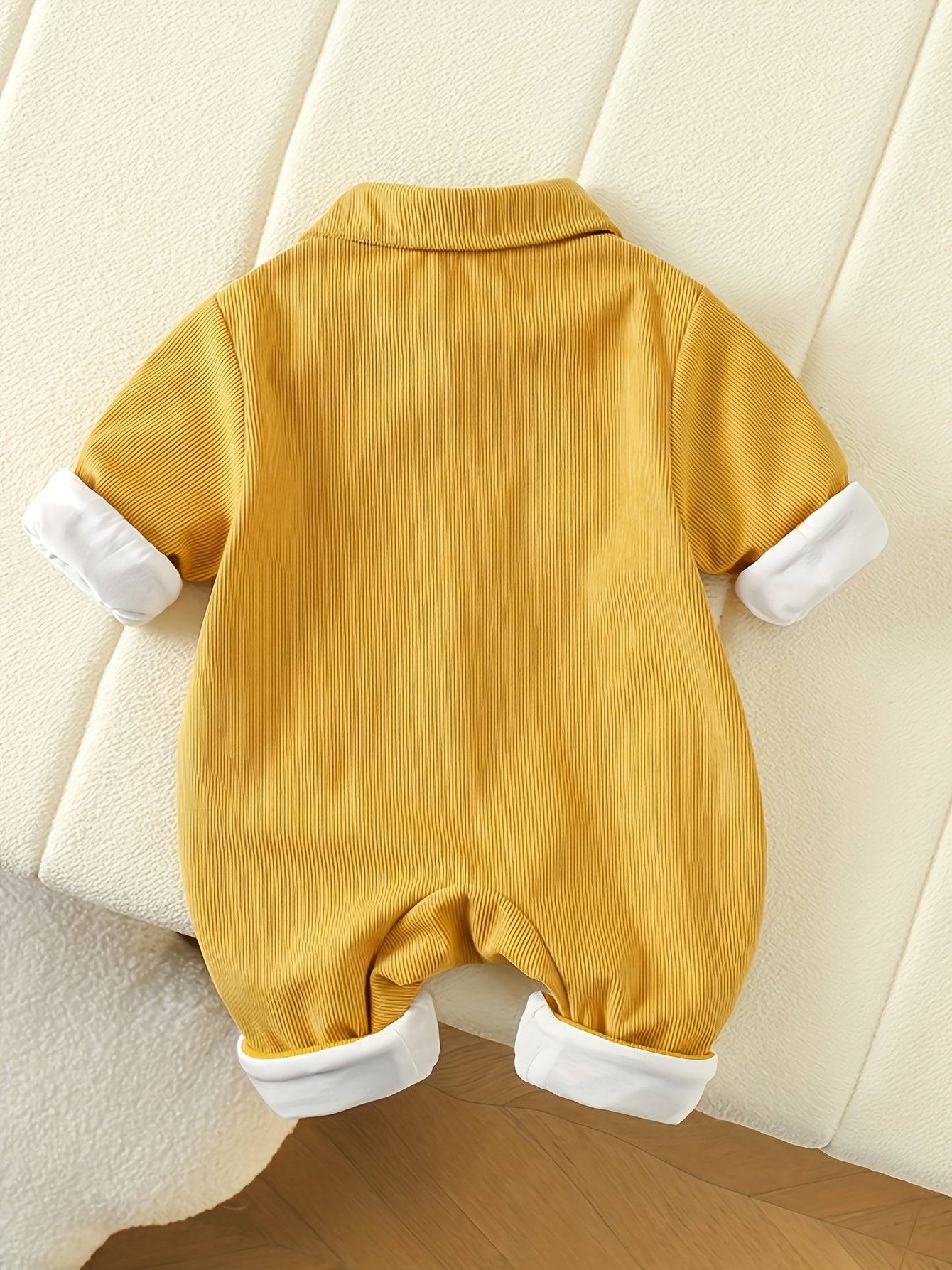 Baby Boy Romper Mustard Yellow Bear Patchwork Striped Straps Casual Spring Fall
