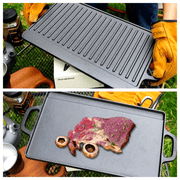 Katta to'rtburchakli yopishqoq bo'lmagan quyma temir idishlar, tutqichlari bilan, qaytariladigan oldindan tayyorlangan gril va qovurish kombinatsiyasi bilan, pishirish va pishirish uchun mukammal.