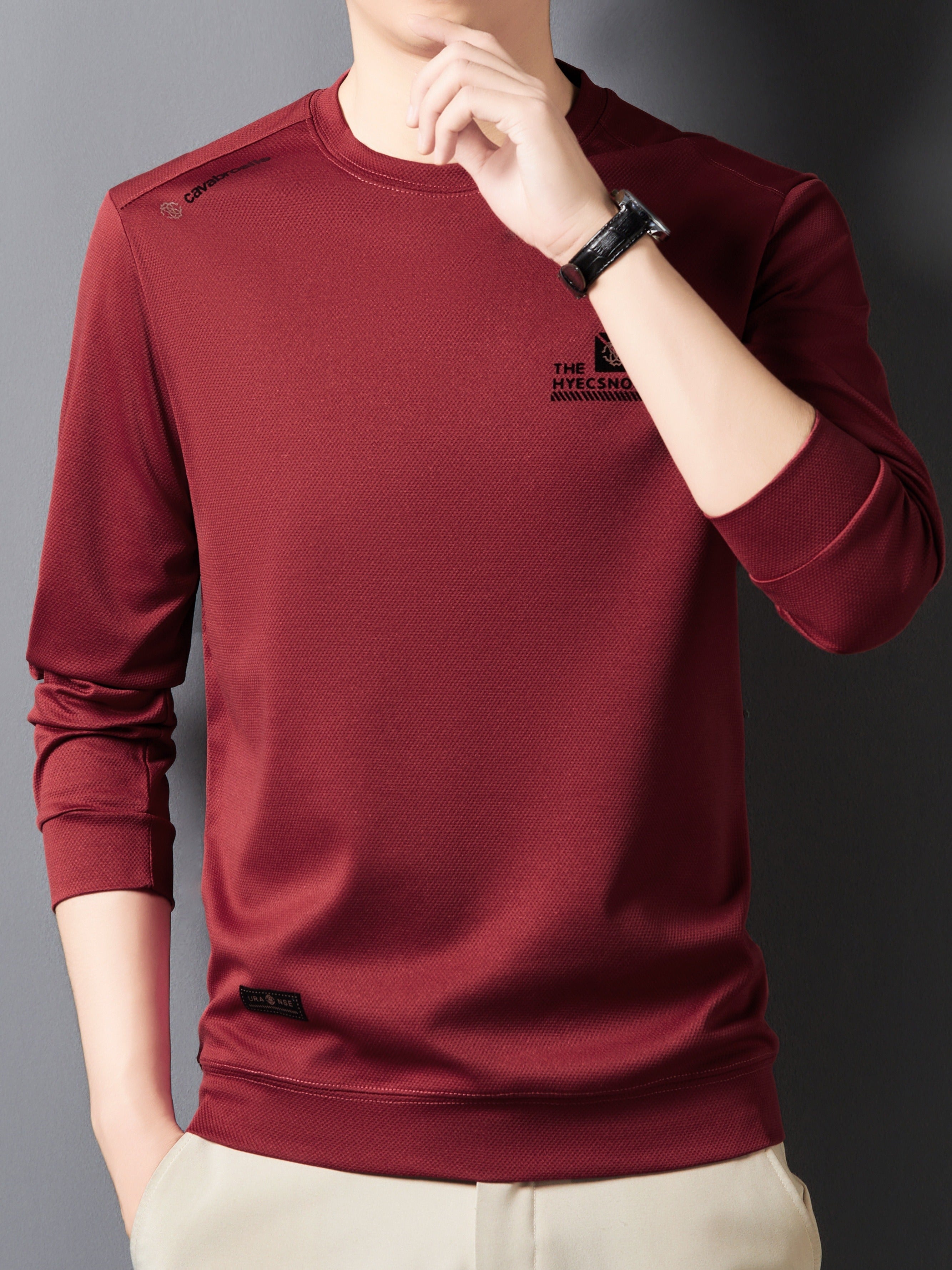 Men's Long Sleeve Crew Neck Sweatshirt with Chest Emblem Polyester Casual Autumn