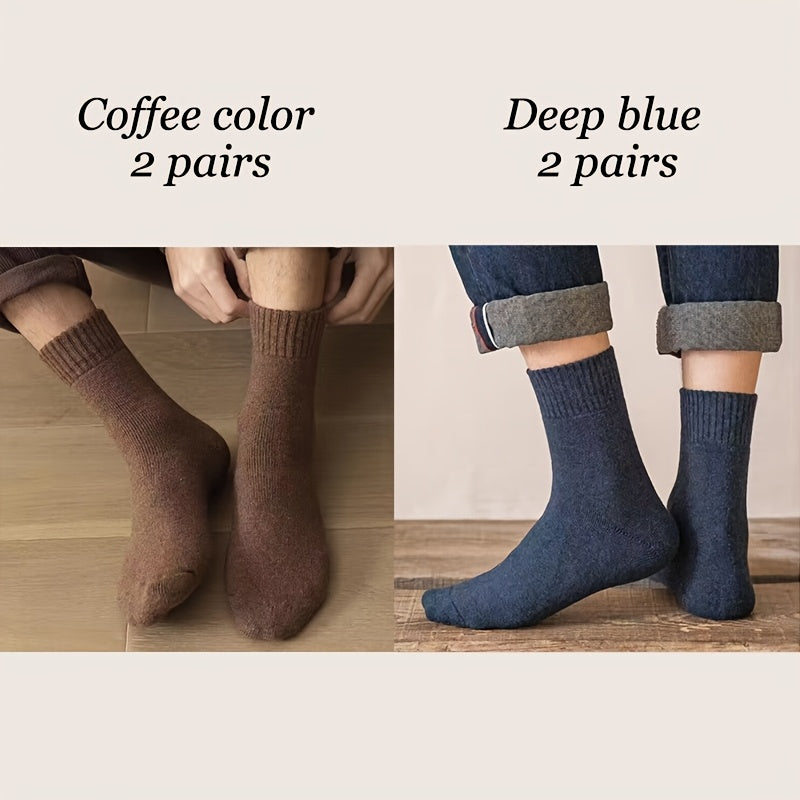 Men's Thick Warm Crew Socks Solid Color Polyester Blend for Fall Winter Set of 4