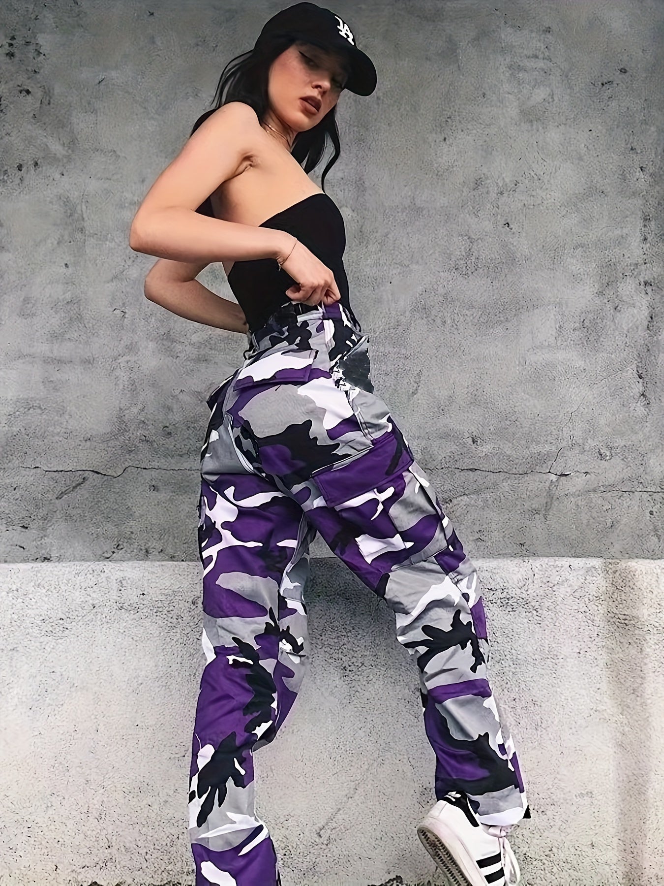 Women's Plus Size Camo Cargo Pants Stretch Denim Street Style Workwear Trousers