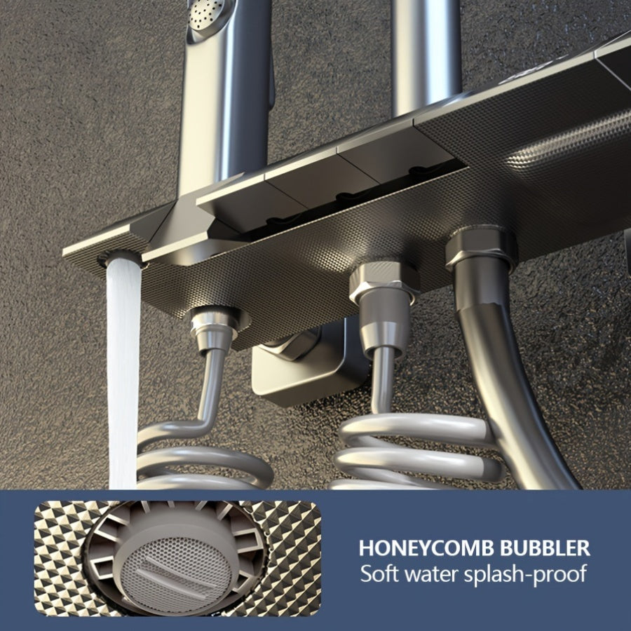 Душевая головка высокого давления размером 12 дюймов с ручным душем с 4 функциями, изготовленная из металла и пластика. Не требует электричества или батареек, включает в себя дисплей температуры.