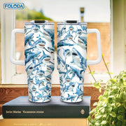 40oz Insulated Stainless Steel Tumbler with Handle Blue Shark Design for Outdoor Use