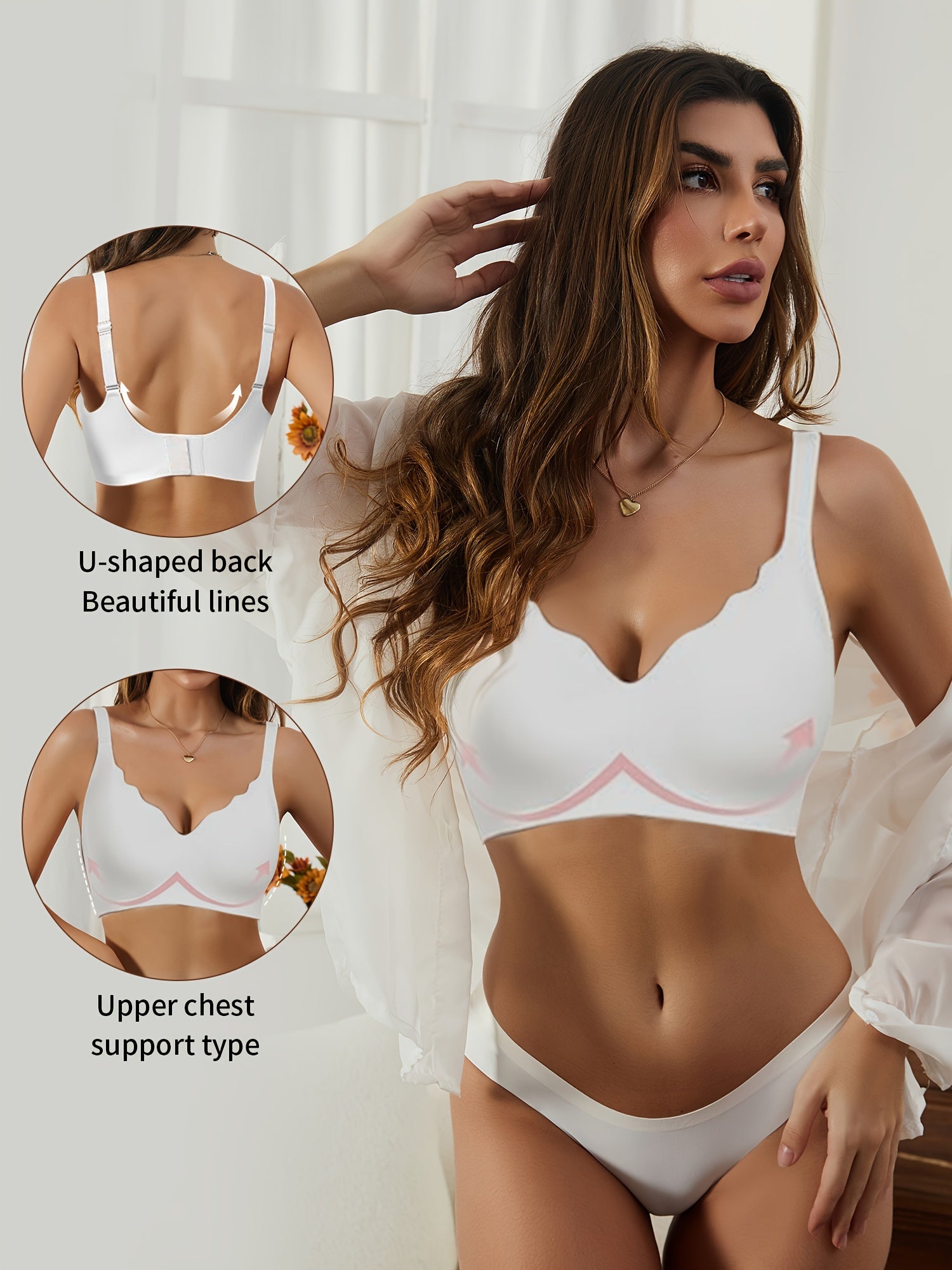 Wireless Seamless Push-Up Bra with Deep V-Neck and Scalloped Design for Comfort