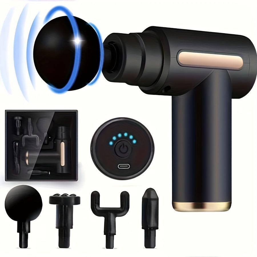 USB orqali zaryadlanadigan LED displeyli tana massajchisi, 4 ta almashtiriladigan bosh, ultra-ovozsiz mushak quroli, erkaklar va ayollar uchun yengil dizayn - litiy polimer batareya, qo'l bilan urish massaji