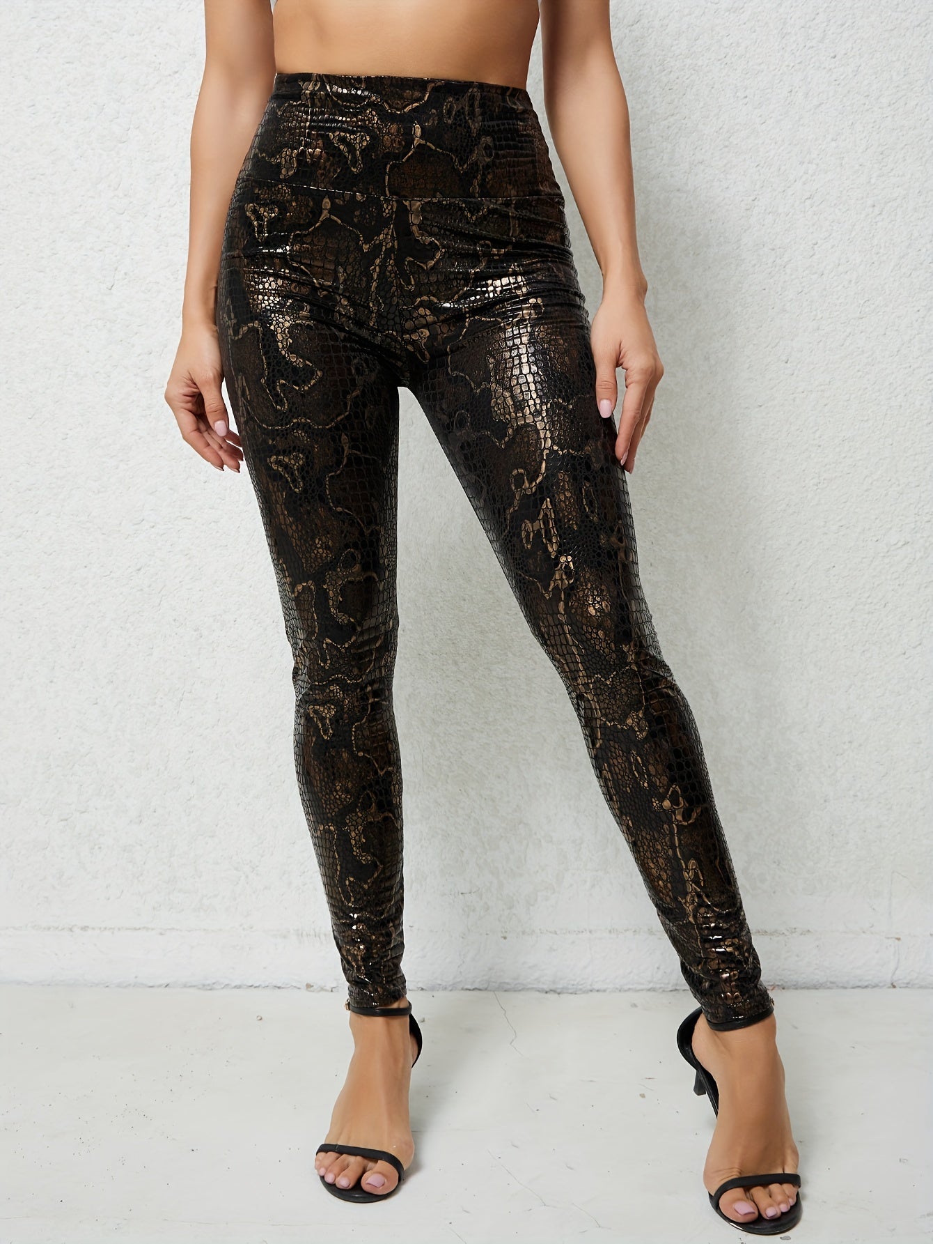 Women's Plus Size Snake Print High-Waist Leggings Stretchy Skinny Pants Brown