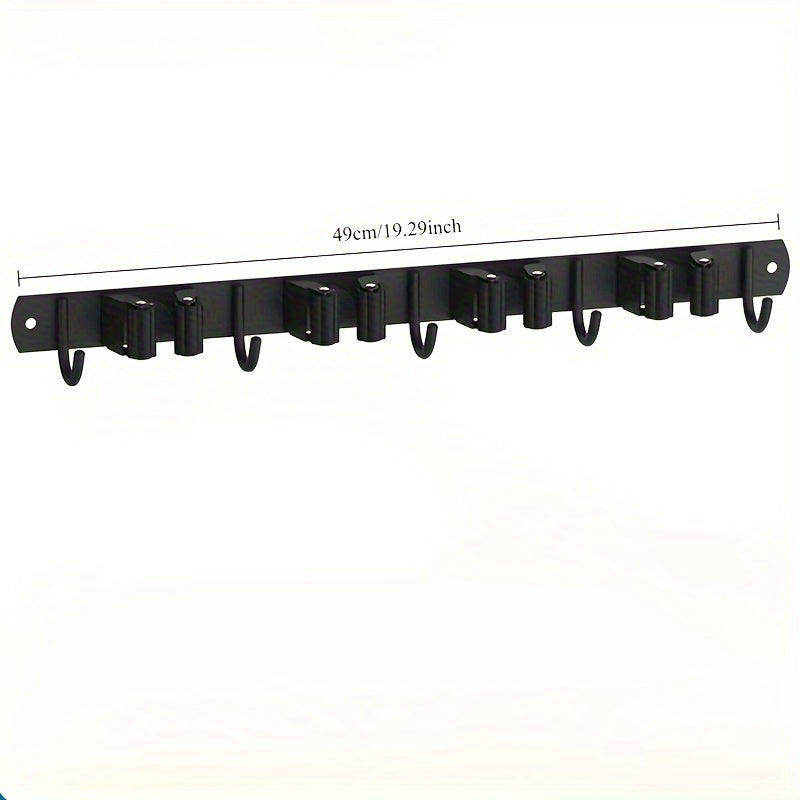 Soporte para escoba y fregona negro de montaje en pared con ganchos de madera para garaje, lavandería y armario