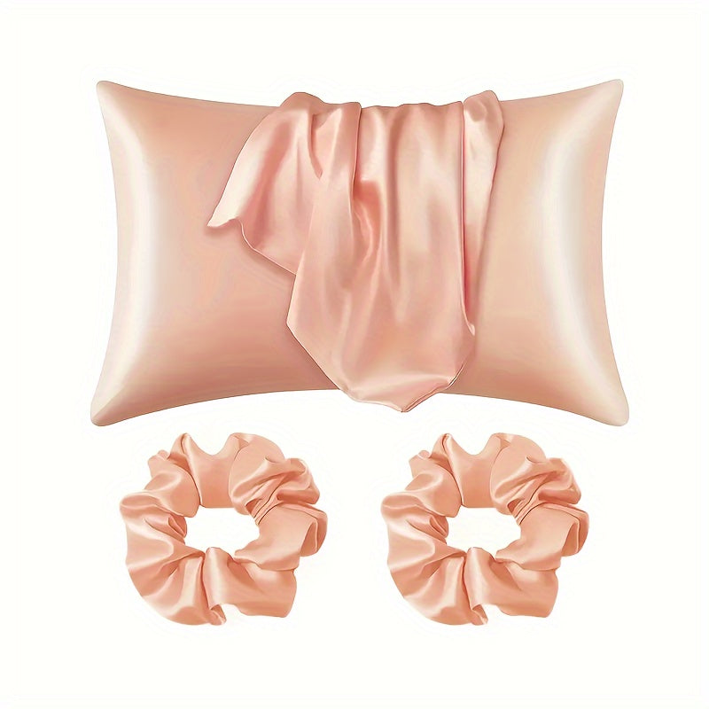 Uy va mehmonxona uchun 3 ta bo'lakli saten yotoq va hammom to'plami, yostiqchalari va scrunchies bilan