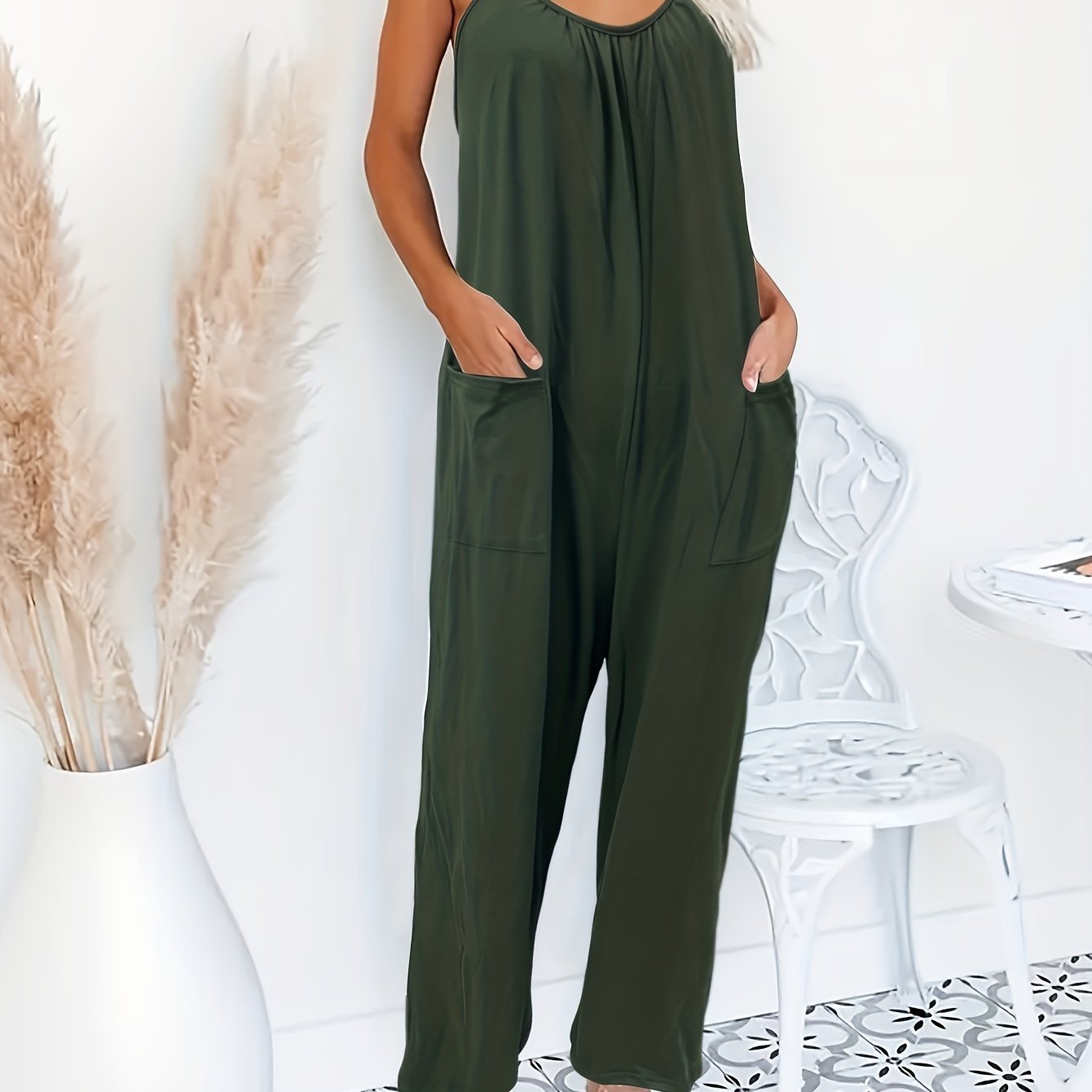 Plus Size Women's Casual Jumpsuit Solid T-Shirt Style Wide Leg With Pockets