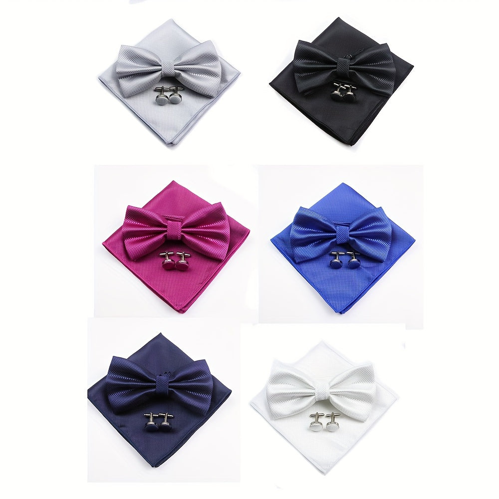 Set of 3 Wedding Accessories for Grooms and Groomsmen Bowtie Cufflinks and Pocket Towel