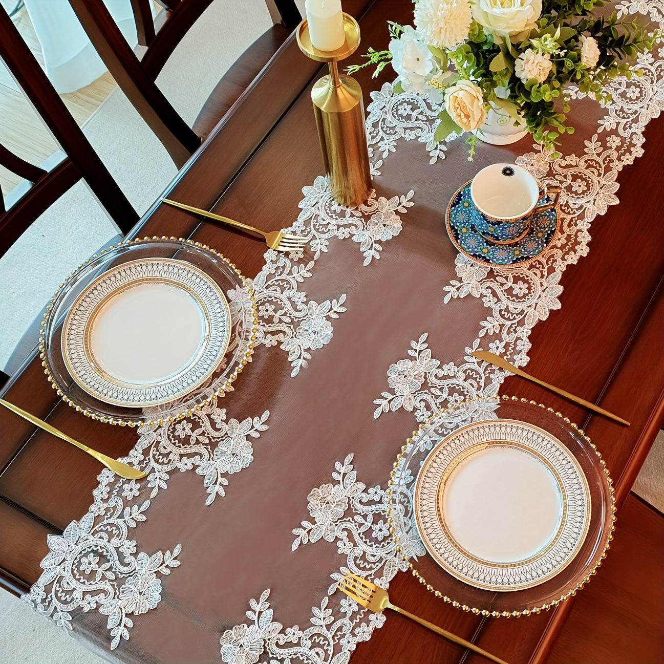 White Lace Table Runner with Floral Embroidery, Elegant, Multiple Sizes