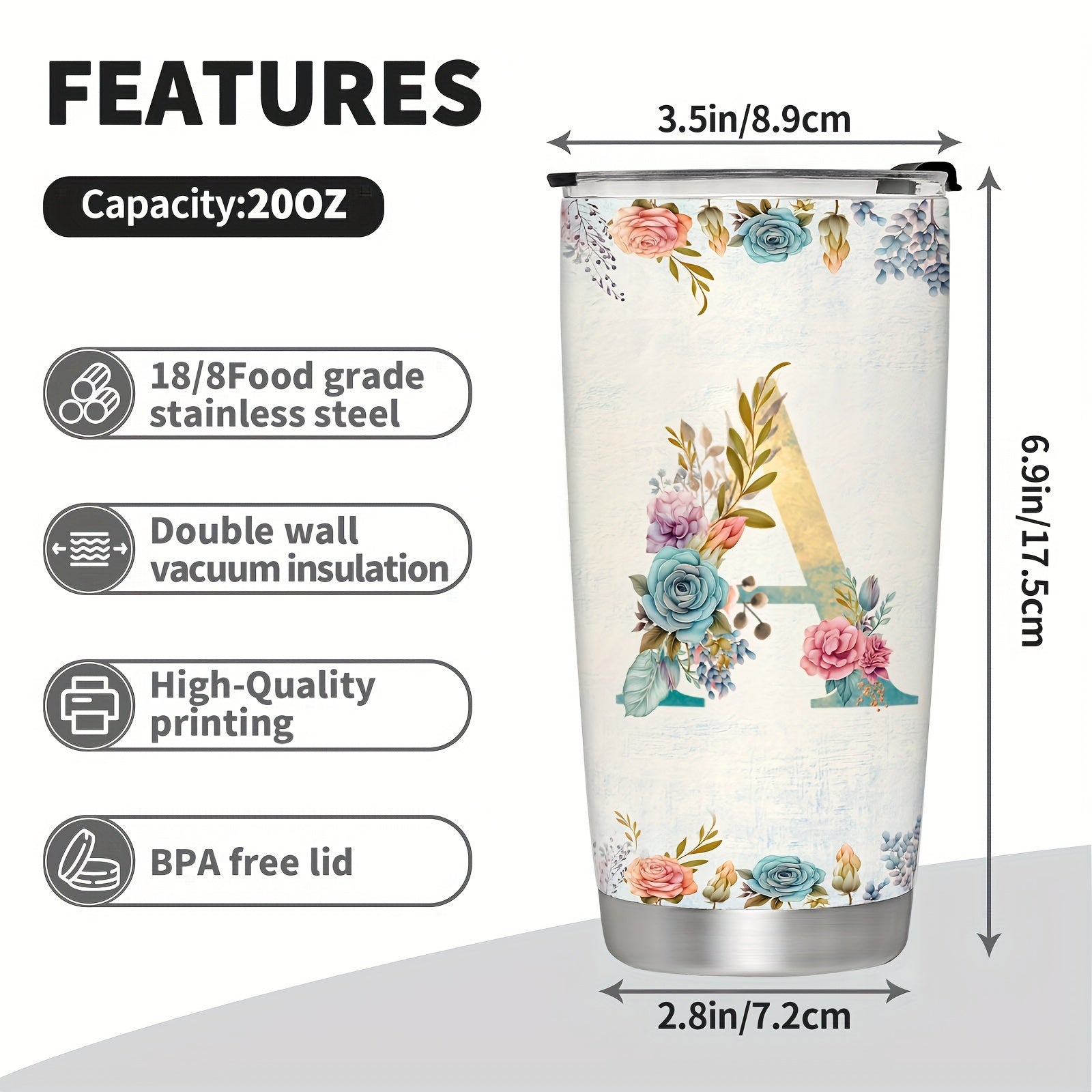 20oz Stainless Steel Tumbler with Monogram Floral Design Leak Proof Lid for Outdoor Use