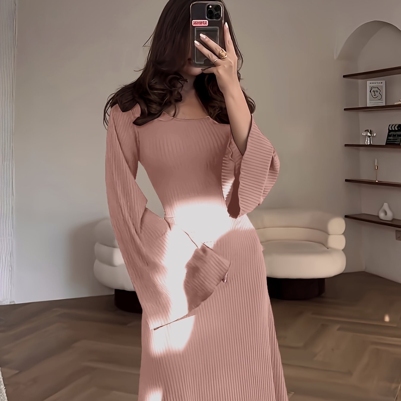 Women's Solid Color Ribbed Knit Dress with Long Bell Sleeves and Back Tie