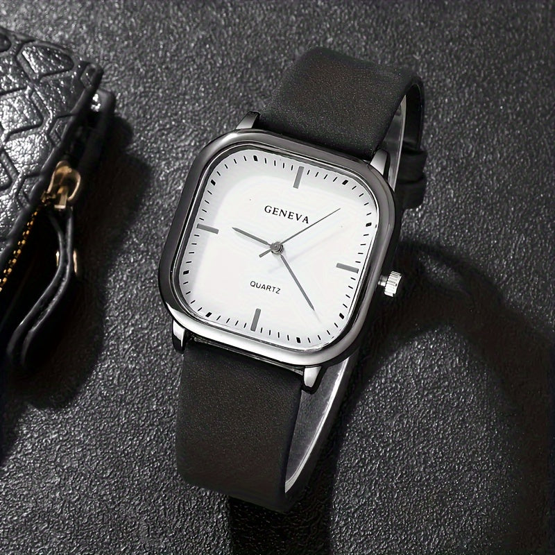 Square Quartz Wrist Watch for Men and Women Alloy Case PU Leather Band Casual Style