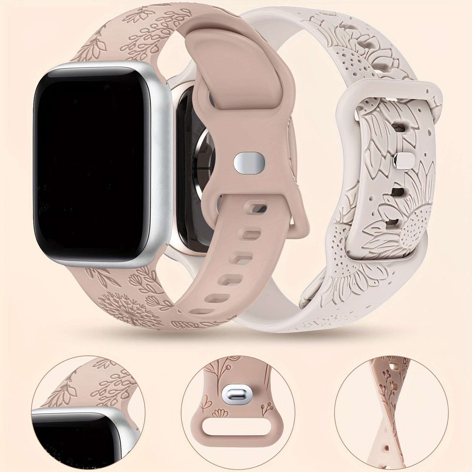 2-Pack Waterproof Silicone Floral Engraved Watch Bands Sunflower for Apple Watch Series 8 SE