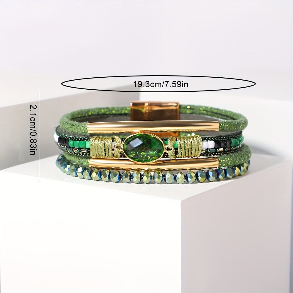 Multilayer Faux Leather Wrap Bracelet with Green Crystal Beads and Gold Accents for Women