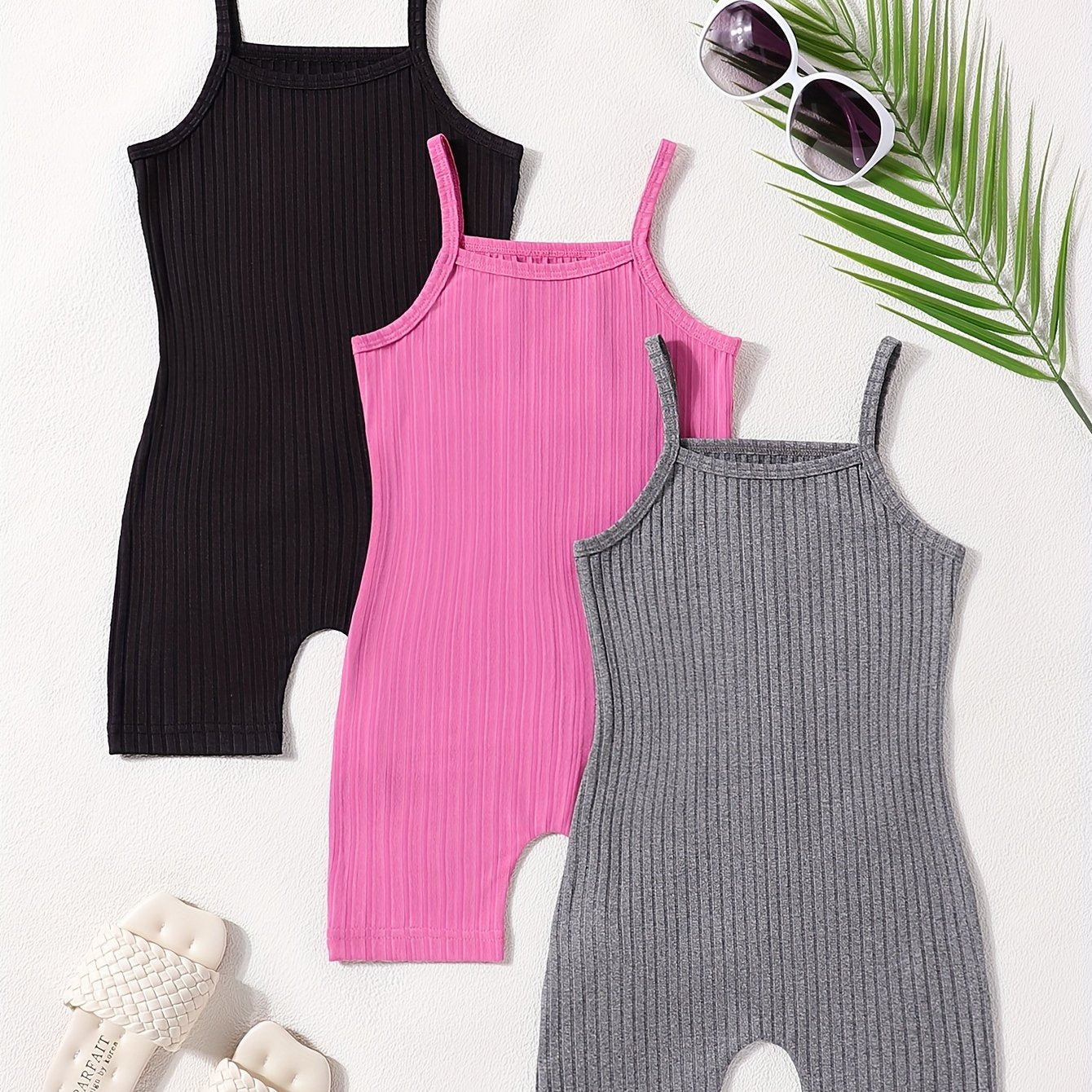 Летний комбинезон с рифлёной бретелью для девочек, 3 шт., однотонные цвета, повседневный уличный стиль