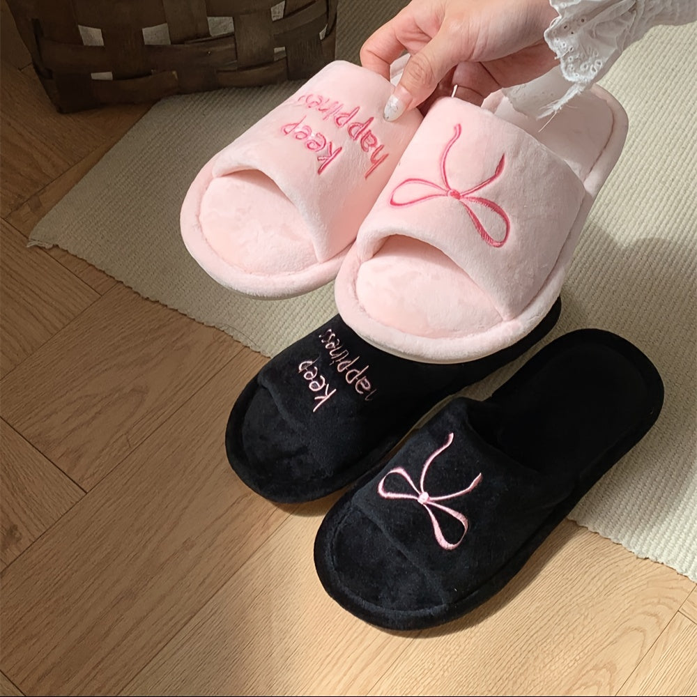 Women's Winter Slip-On Slippers Soft Fabric Indoor House Shoes in Black and Beige