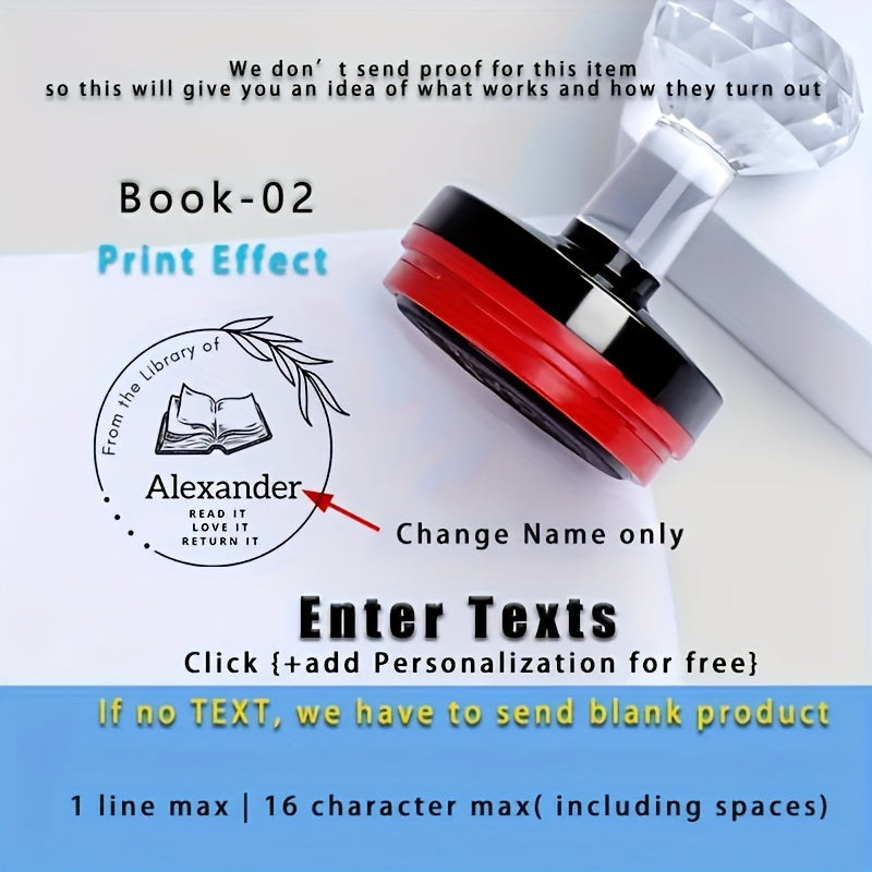 Shaxsiylashtirilgan kutubxona kitobi muhrini o'z-o'zidan bosadigan siyoh bilan, bir nechta tillarda mavjud, kundalik ofis ishlari uchun mos.