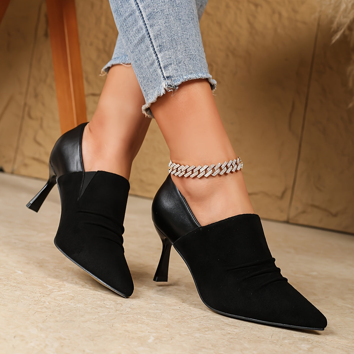 Women Black Pointed Toe Stiletto Ankle Boots High Heel Slip-On
