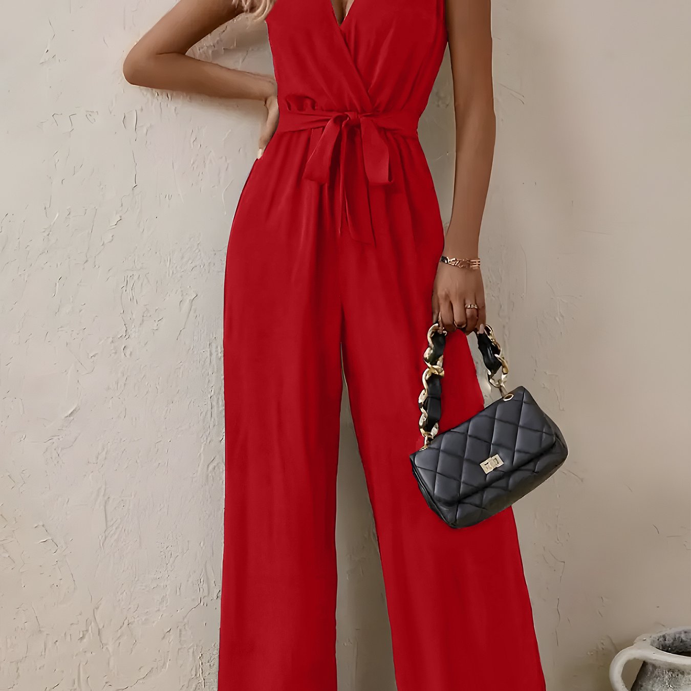 Women Plus Size Red V-Neck Jumpsuit with Tie Waist Sleeveless Wide-Leg