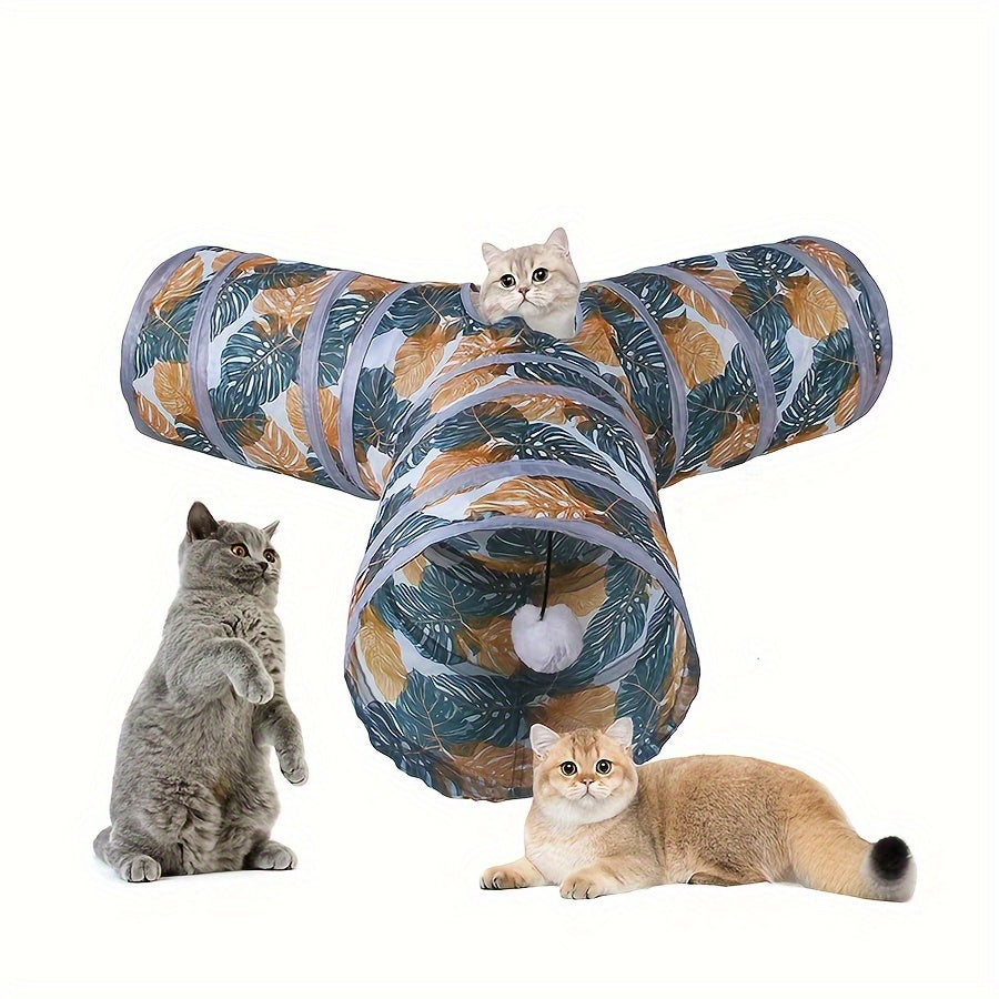 Foldable Polyester Cat Tunnel with Leaf Print, Interactive and Durable Pet Toy
