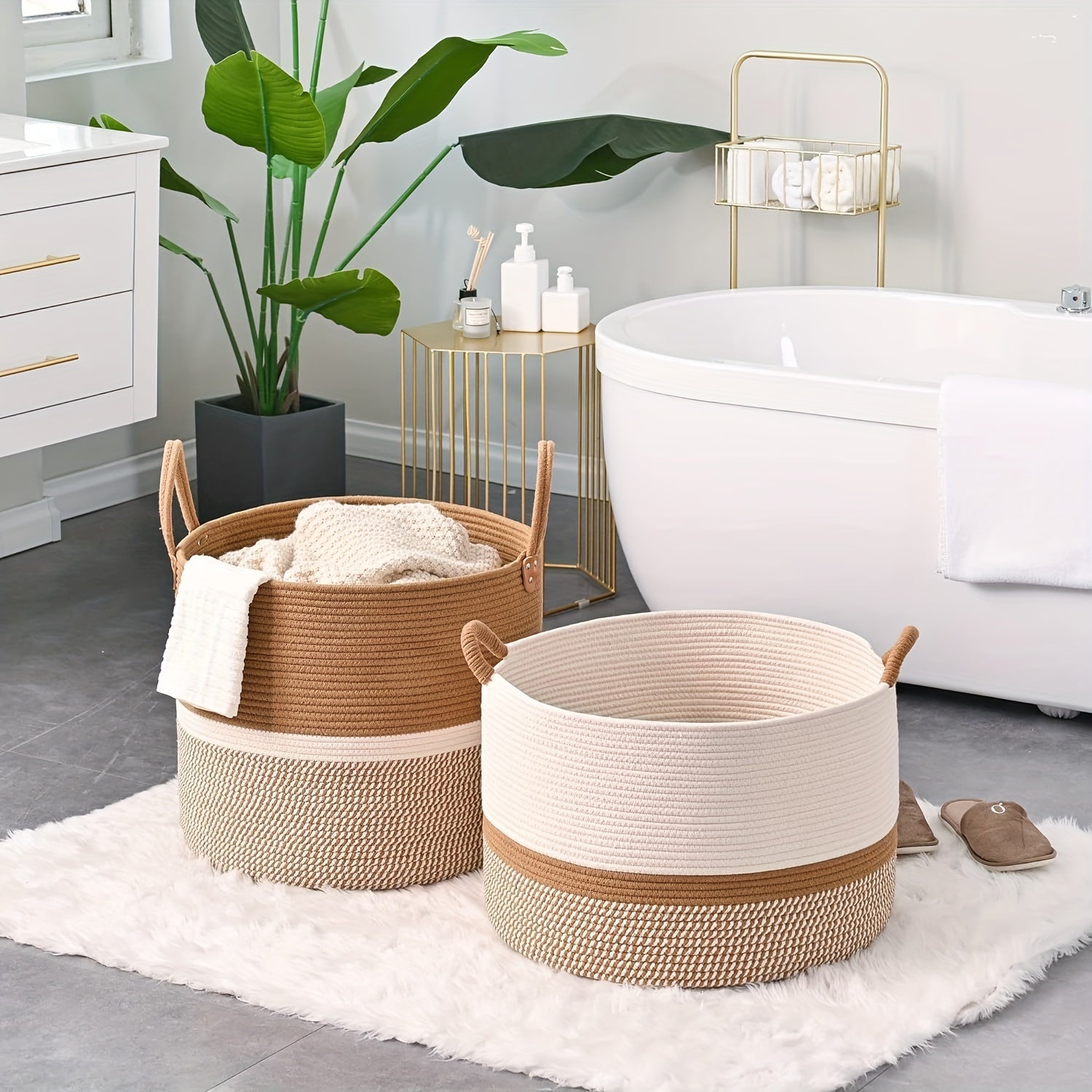 Round Bohemian Woven Laundry Basket with Handles for Bathroom and Living Room Storage