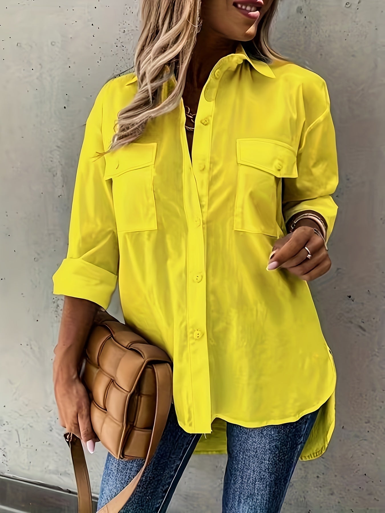 Plus Size Women's Solid Color Yellow Blouse Lightweight Polyester Spring Fall Casual Formal