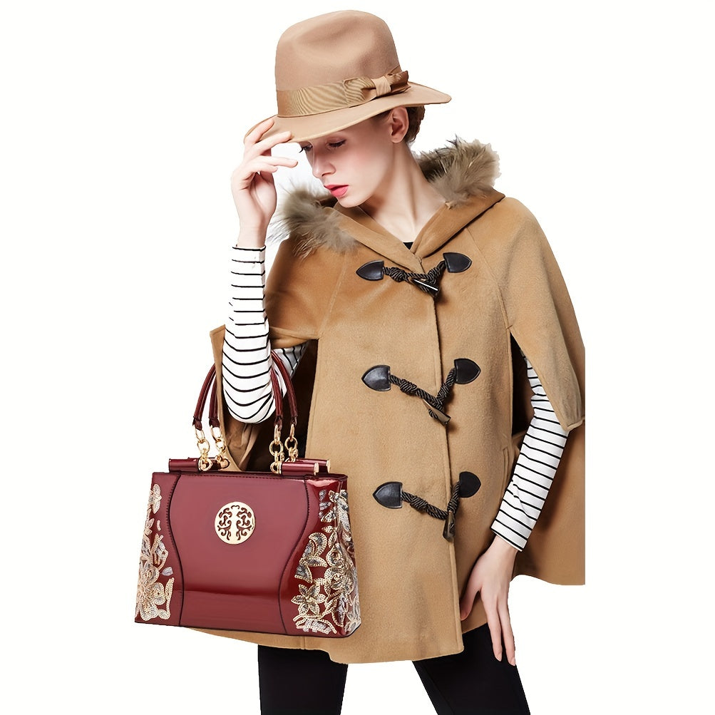 Sequined Flower Pattern Tote Bag for Women Zipper Adjustable Strap Festival Handbag