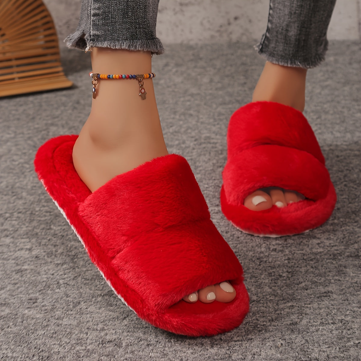 Women's Plush Leopard Print Open-Toe Slippers with EVA Sole and Soft Fabric