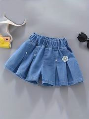 Girls' Denim Pleated Skirt and Ruffled Shorts for Summer with Elastic Waist