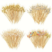 Set of 100 Bamboo Cocktail Picks with Pearls for Appetizers and Fruit Skewers
