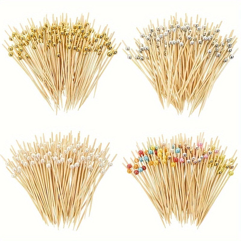 Set of 100 Bamboo Cocktail Picks with Pearls for Appetizers and Fruit Skewers