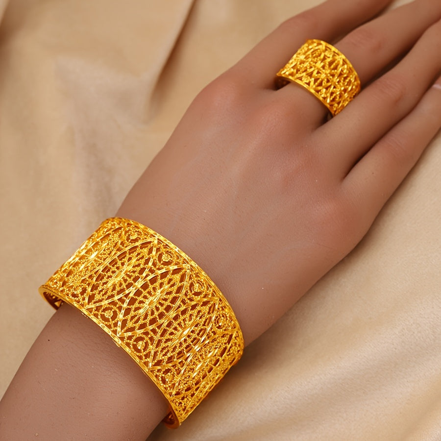 Gold-Plated Jewelry Set for Women Hollow Bangle and Ring Party Banquet Elegant