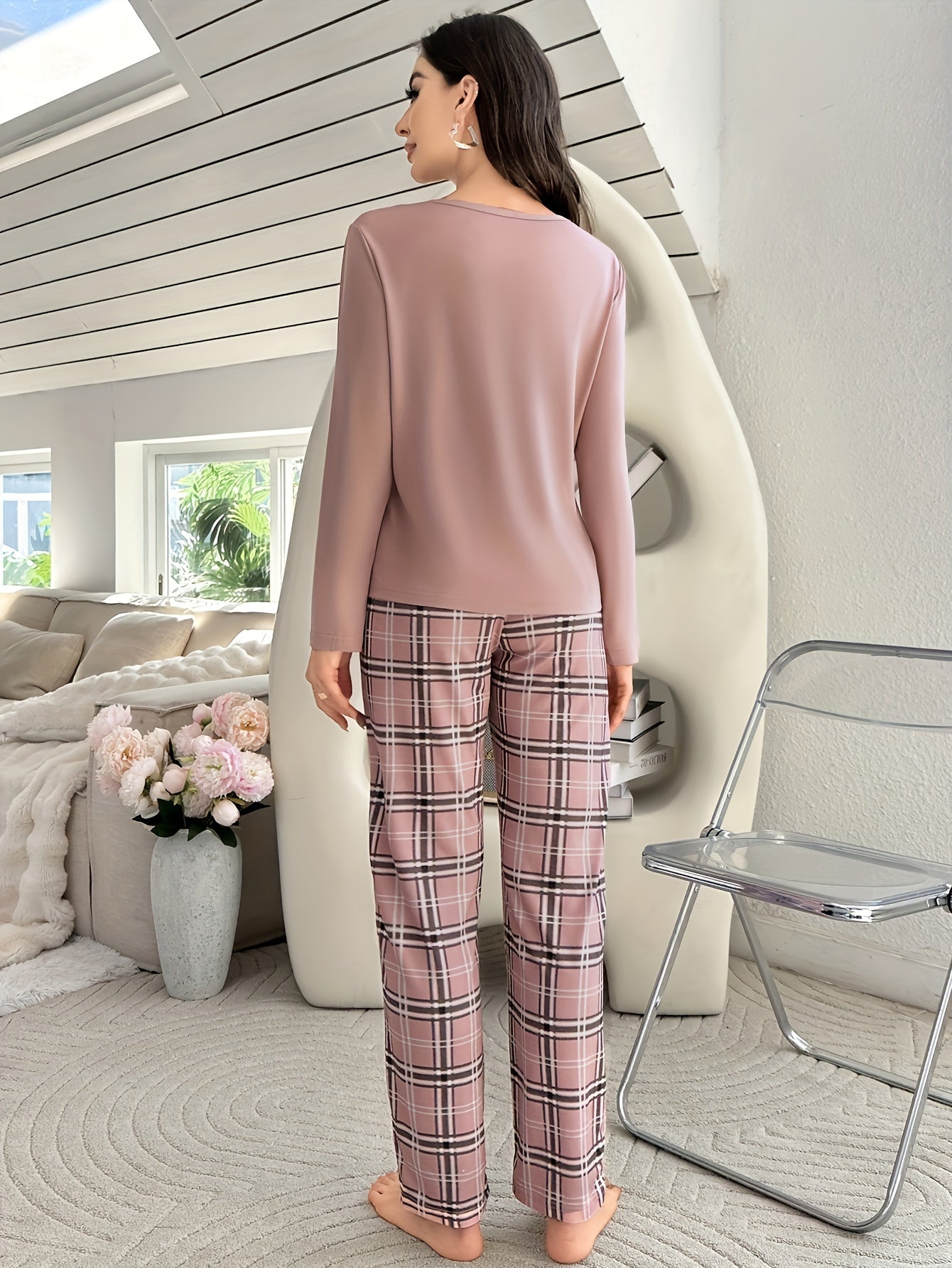 Women's Plaid Pajama Set Long Sleeve Crew Neck Fall Winter Casual