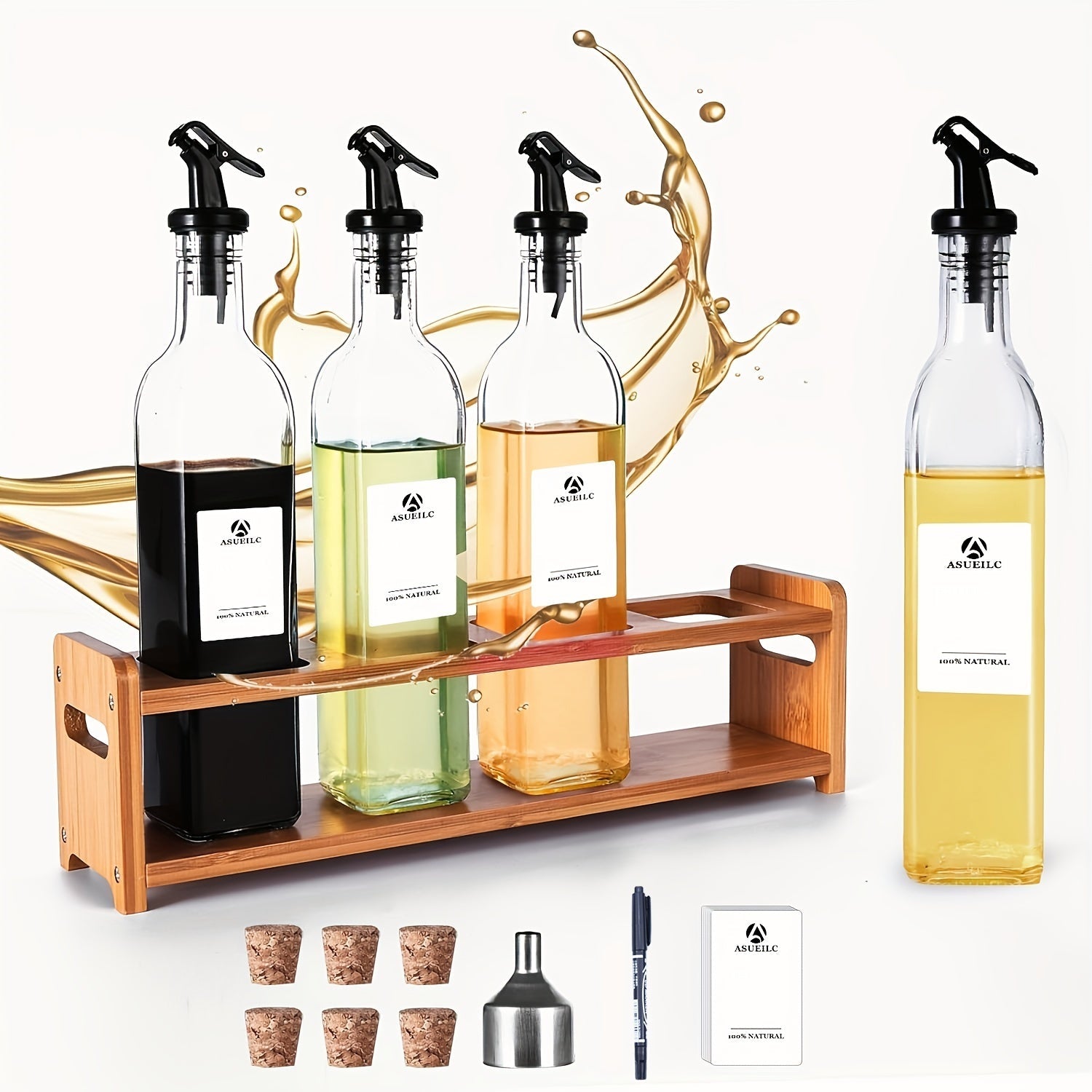 Set of Four 500ml Glass Oil and Vinegar Dispensers with Bamboo Stand