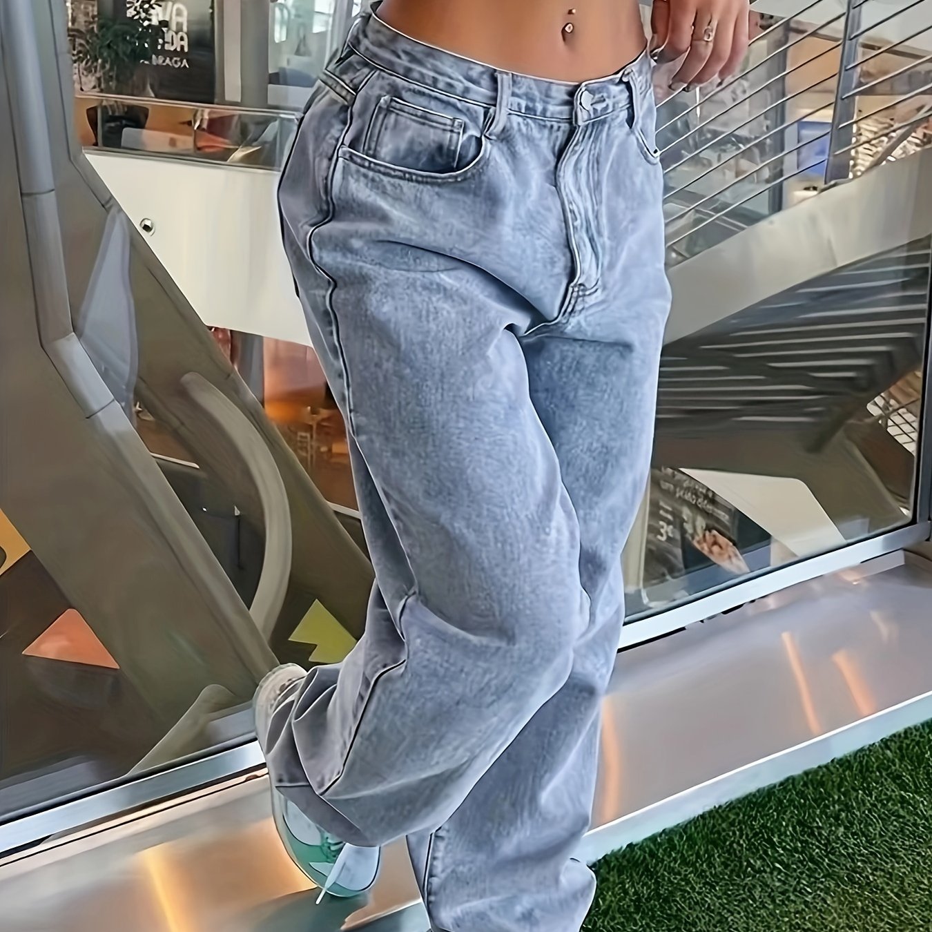 Women's Casual Wide Leg Jeans with Slant Pockets Non-Stretch Denim Long Length