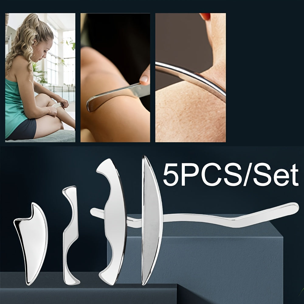 Stainless Steel Gua Sha Massage Set 5 Pieces for Back Legs Arms Neck Shoulders with Travel Pouch