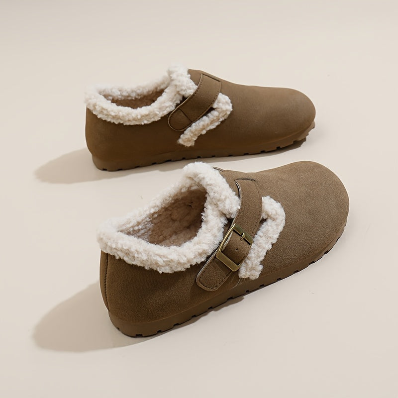 Women's Flannel-Lined Ankle Booties Casual Flat Heel Buckle Closure