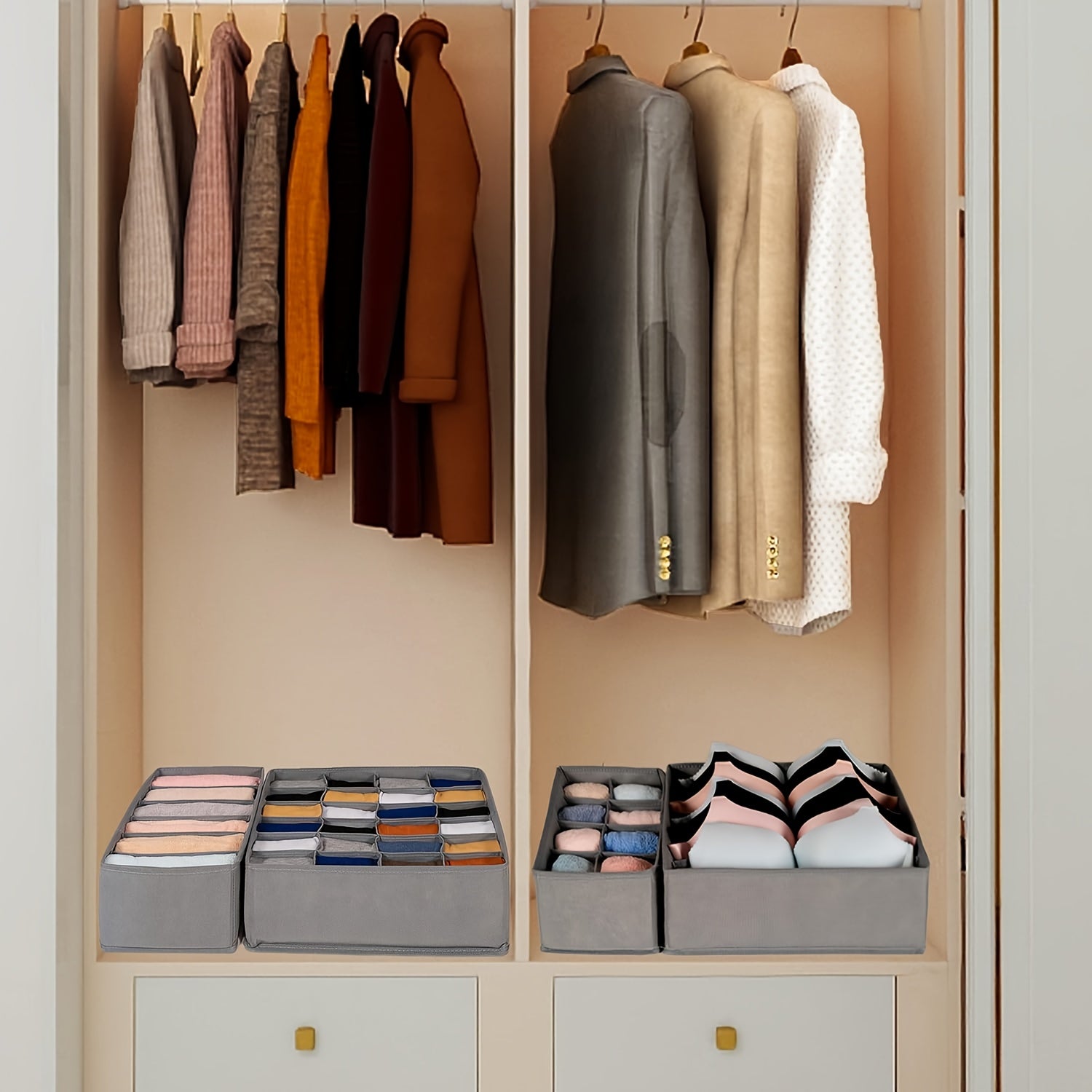 4 ta yig'iladigan saqlash qutilari o'lchami 64.01 sm X 49.0 sm X 10.01 sm. Kiyimlar, paypoqlar, kamarlar va uy bezaklarini tartibga solish uchun ideal.