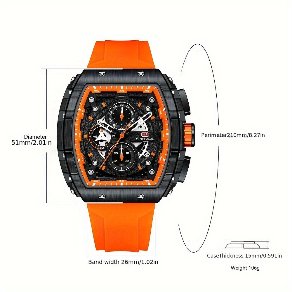 Women's Mini Focus Chronograph Quartz Watch Tonneau Pointer Silicone Strap Auto Date